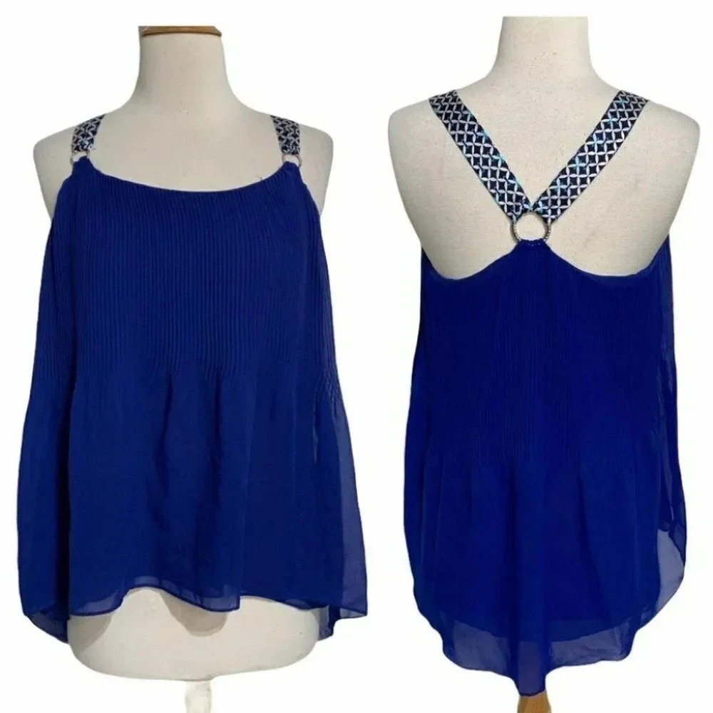 White House Black Market Royal Blue Pleated Halter‎ Top Tank Women's XS
